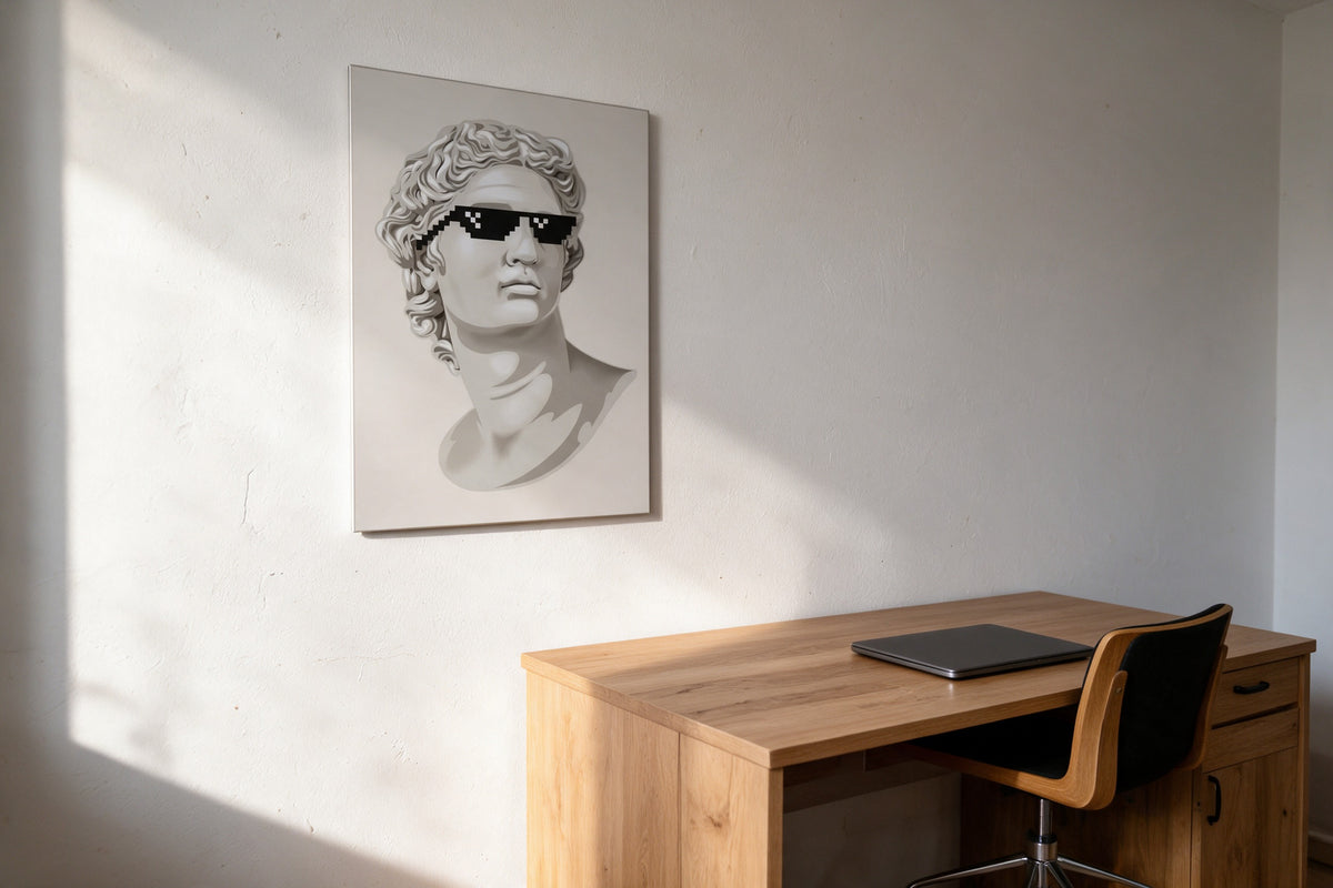 Frameless Deal With It metal poster above an oak desk