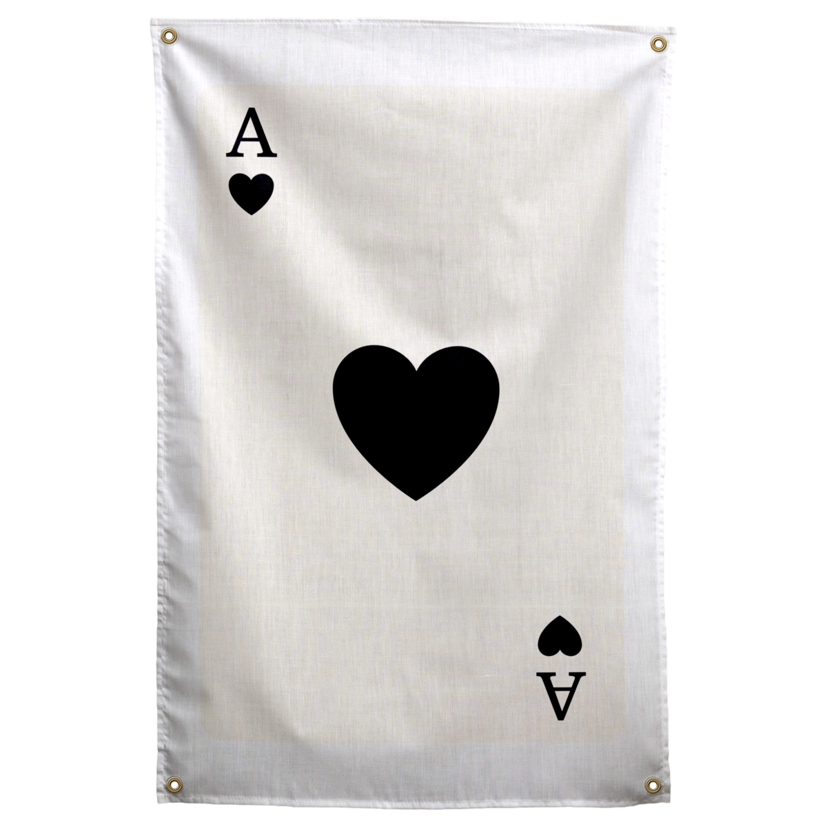 A large black heart and small ace corner marks create a simple playing-card design against pale ivory on a Wall Rebel fabric wall flag.