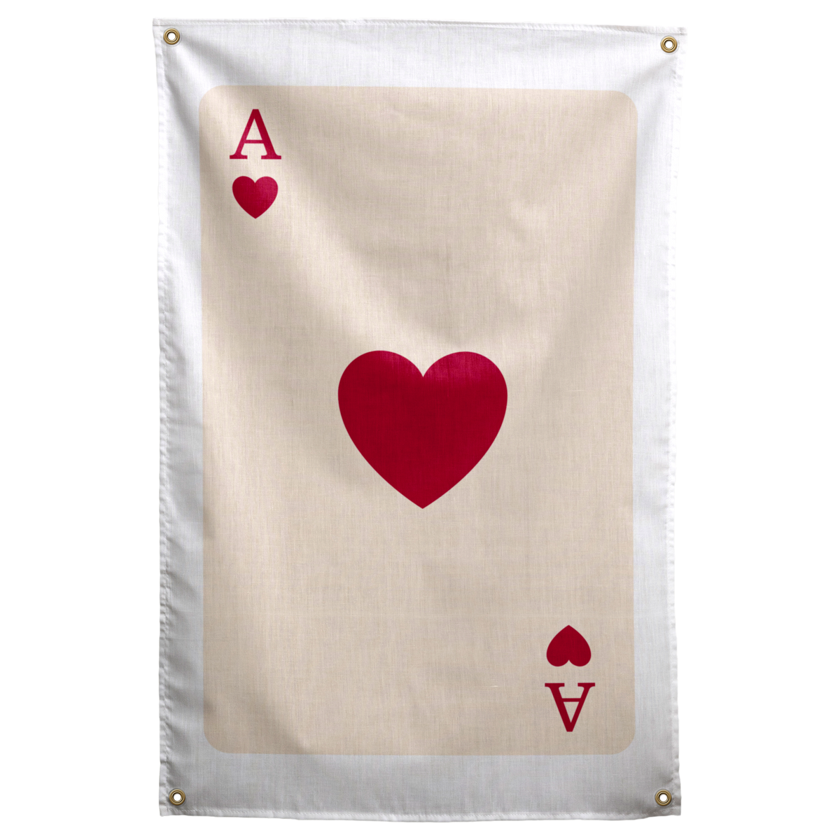 A large burgundy heart sits in a cream ace-card layout with small matching corner letters and symbols on a Wall Rebel fabric wall flag.