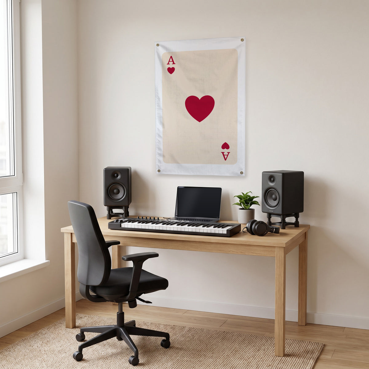 Ace of Hearts - Burgundy on Cream Wall Flag in the studio room mockup.