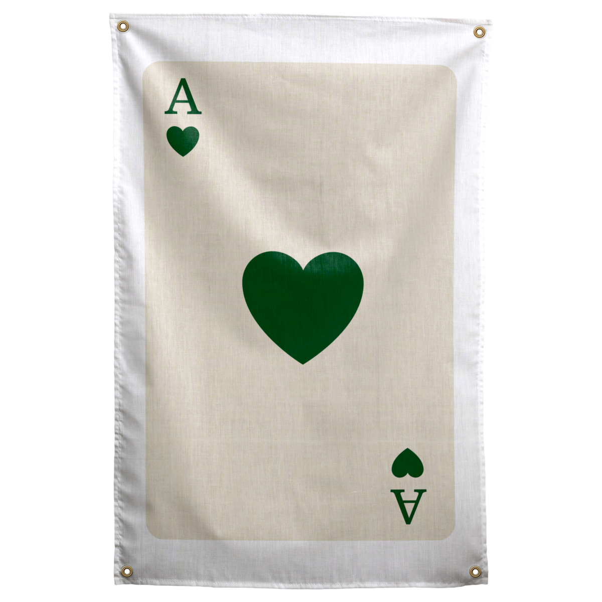 A dark green heart and small matching ace letters and suit marks sit against a cream card field on a Wall Rebel fabric wall flag.