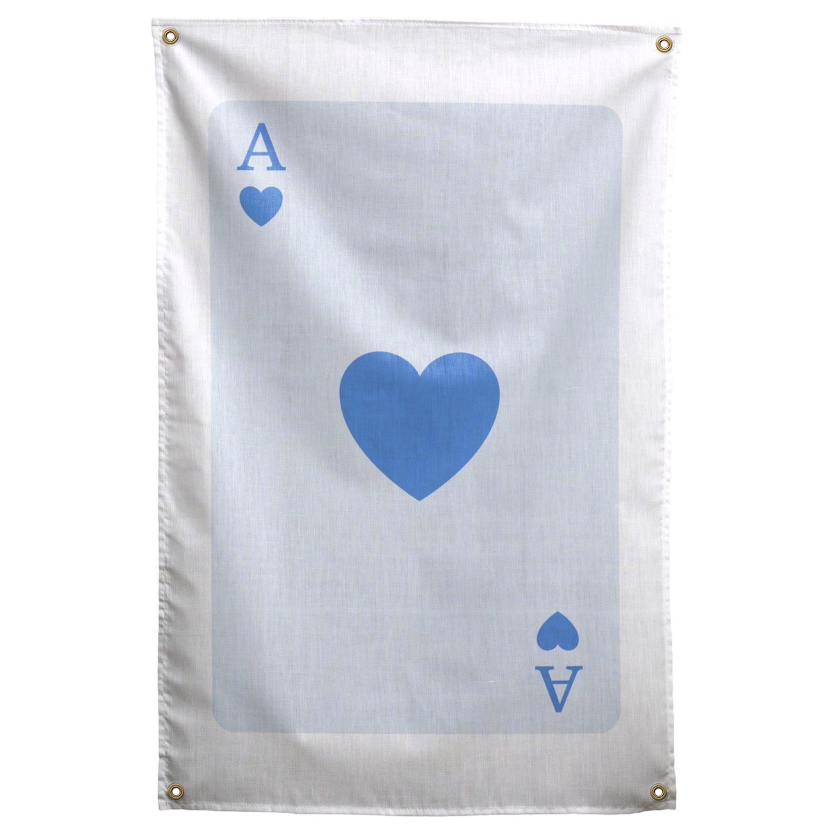 A light blue heart and opposite ace corner marks sit on a pale blue field in a simple card layout on a Wall Rebel fabric wall flag.