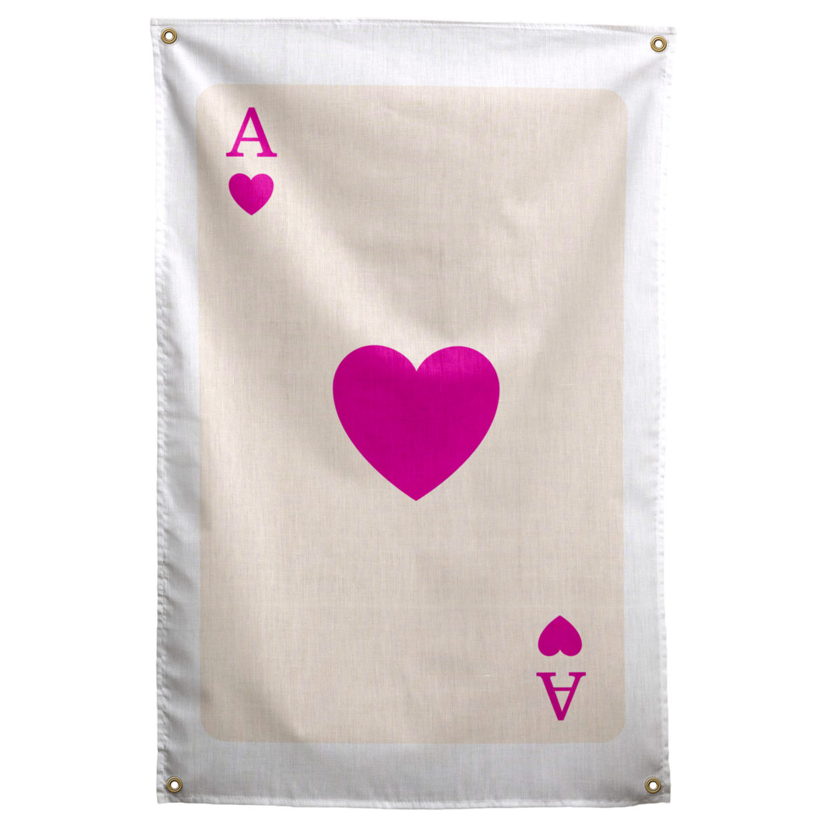 A large magenta heart and matching ace corner marks create a minimal playing-card layout on cream on a Wall Rebel fabric wall flag.