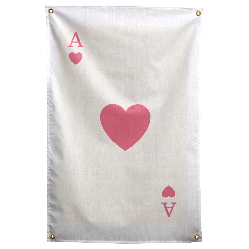 A large pink heart and opposite ace corner marks form a simple playing-card layout on a cream field on a Wall Rebel fabric wall flag.