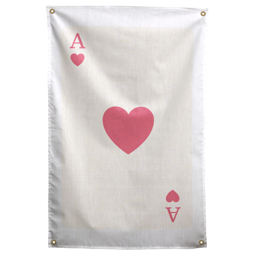 A large pink heart and opposite ace corner marks form a simple playing-card layout on a cream field on a Wall Rebel fabric wall flag.