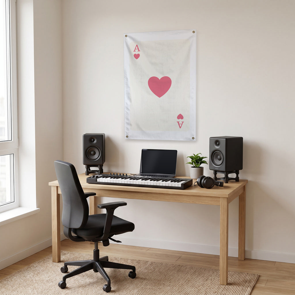 Ace of Hearts - Pink on Cream Wall Flag in the studio room mockup.
