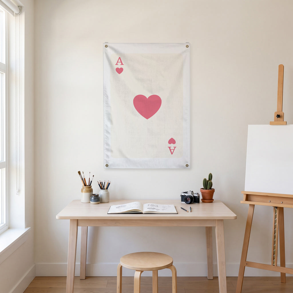 Ace of Hearts - Pink on Cream Wall Flag in the art corner room mockup.