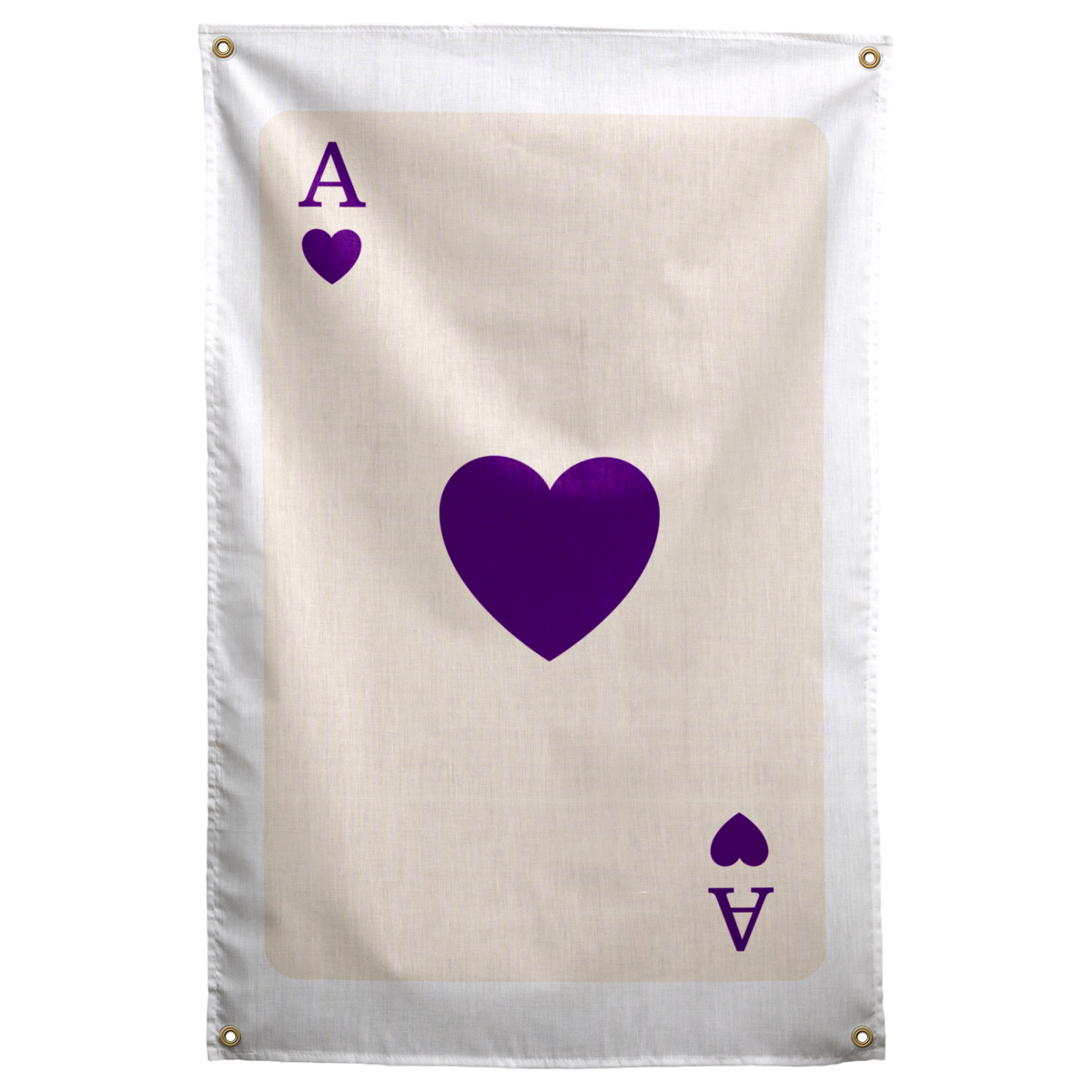 A deep purple heart and matching ace corner marks create a clean playing-card graphic on pale cream on a Wall Rebel fabric wall flag.