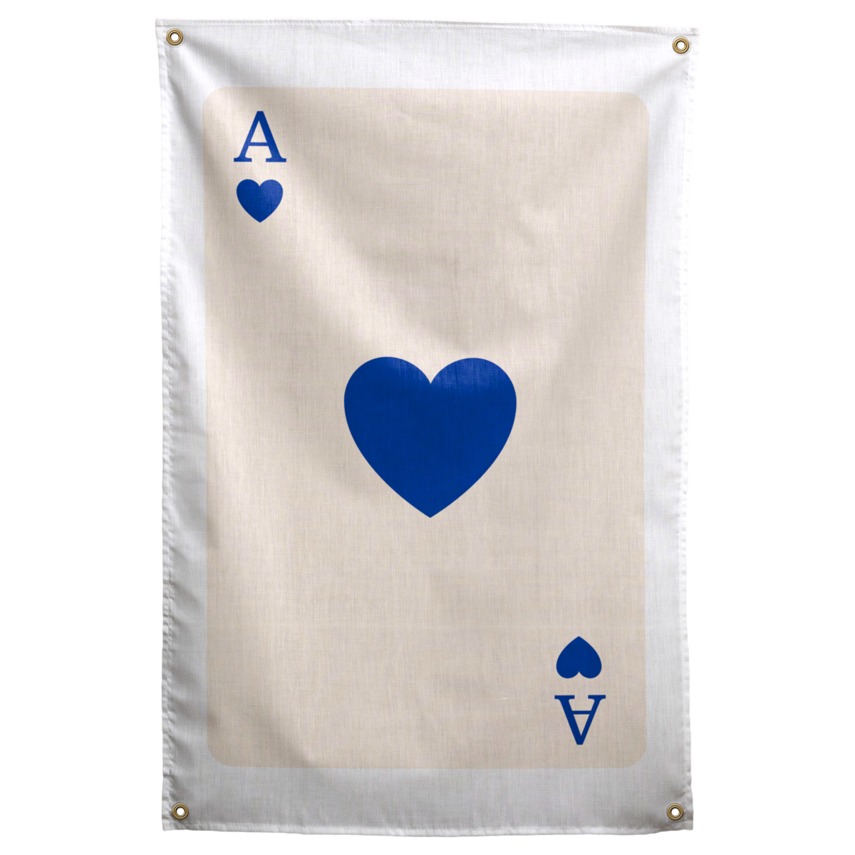 A large royal blue heart and small matching ace corner marks stand out against a pale cream field on a Wall Rebel fabric wall flag.