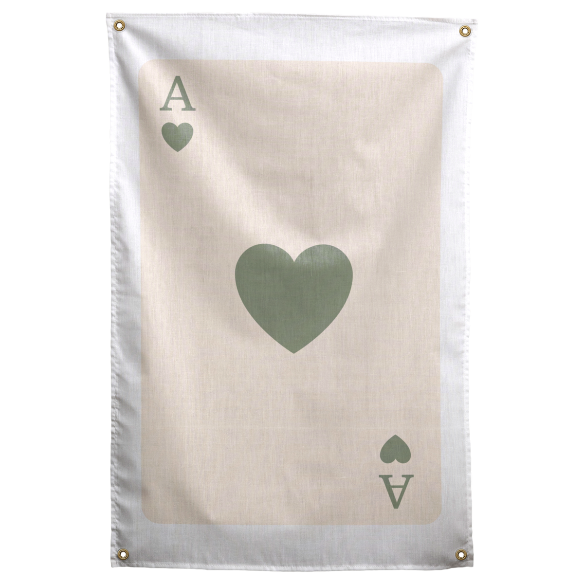 A large sage green heart and matching ace corner marks sit against a pale cream playing-card field on a Wall Rebel fabric wall flag.
