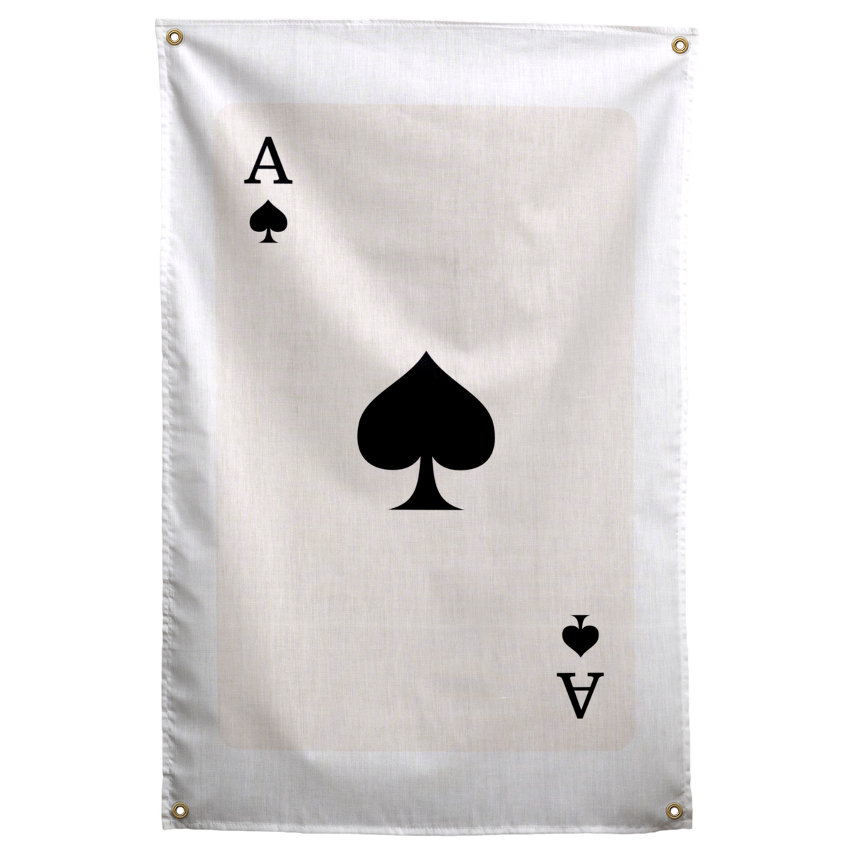 A large black spade anchors an ivory card with small ace letters and suit symbols in opposite corners on a Wall Rebel fabric wall flag.