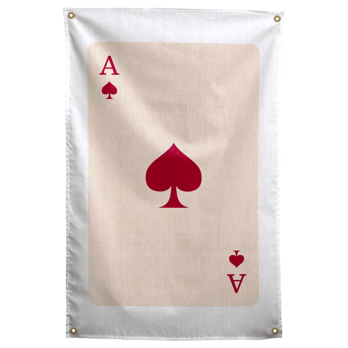 A large burgundy spade sits on cream with small ace letters and suit symbols in opposite corners on a Wall Rebel fabric wall flag.