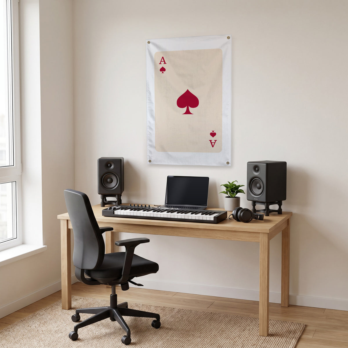 Ace of Spades - Burgundy on Cream Wall Flag in the studio room mockup.