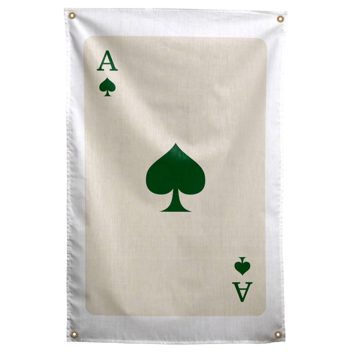 A dark green spade and matching ace letters and suit marks sit on a cream playing-card background on a Wall Rebel fabric wall flag.