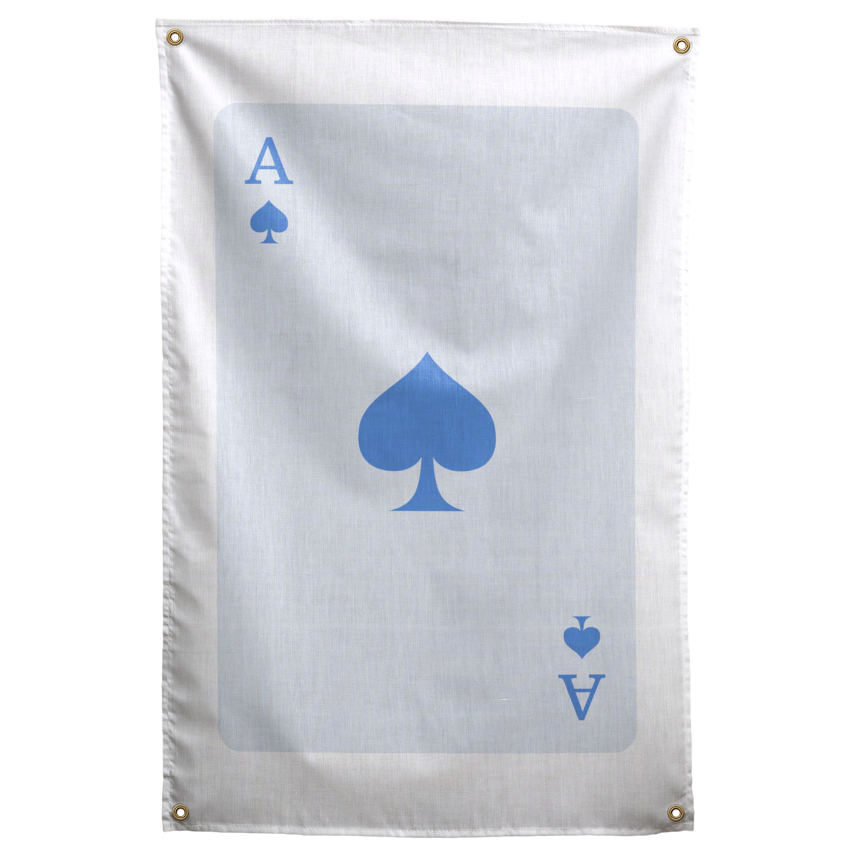 A light blue spade sits on a pale blue card with small ace letters and suit marks in opposite corners on a Wall Rebel fabric wall flag.