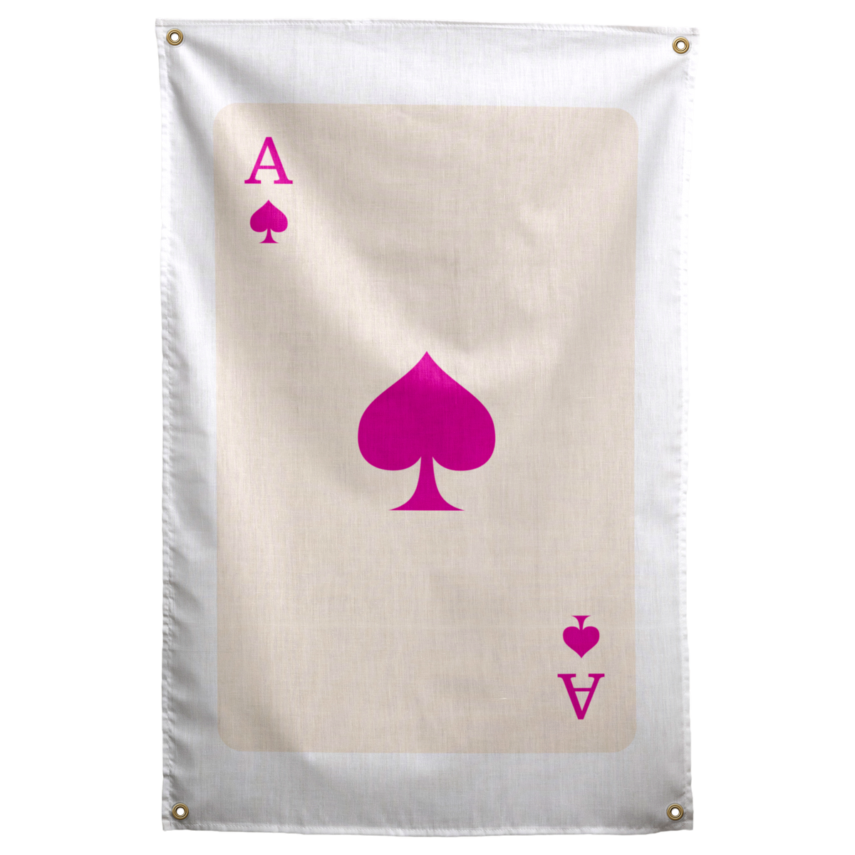 A vivid magenta spade and matching ace corner marks stand against a pale cream playing-card field on a Wall Rebel fabric wall flag.