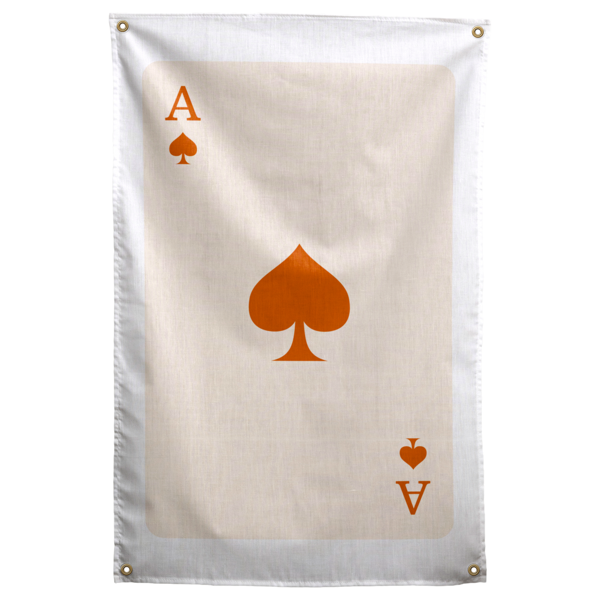 A bright orange spade anchors a cream card with matching ace letters and symbols in opposite corners on a Wall Rebel fabric wall flag.