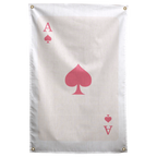 A large pink spade and matching ace letters and suit marks sit on a pale ivory playing-card field on a Wall Rebel fabric wall flag.