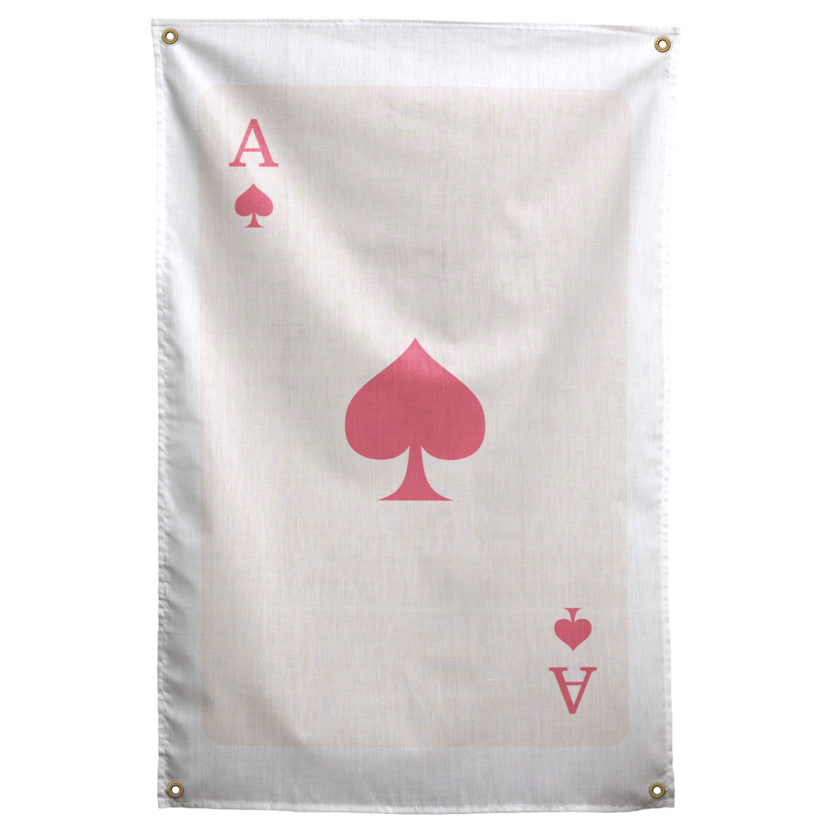 A large pink spade and matching ace letters and suit marks sit on a pale ivory playing-card field on a Wall Rebel fabric wall flag.