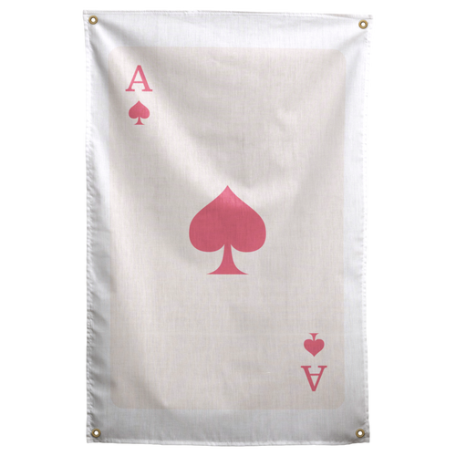 A large pink spade and matching ace letters and suit marks sit on a pale ivory playing-card field on a Wall Rebel fabric wall flag.