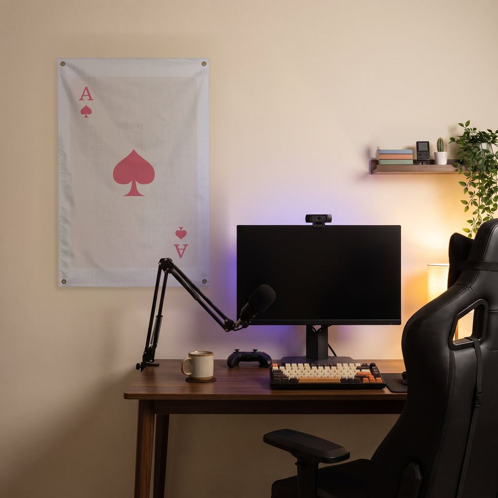 Ace of Spades - Pink on Ivory Wall Flag in the streaming nook room mockup.