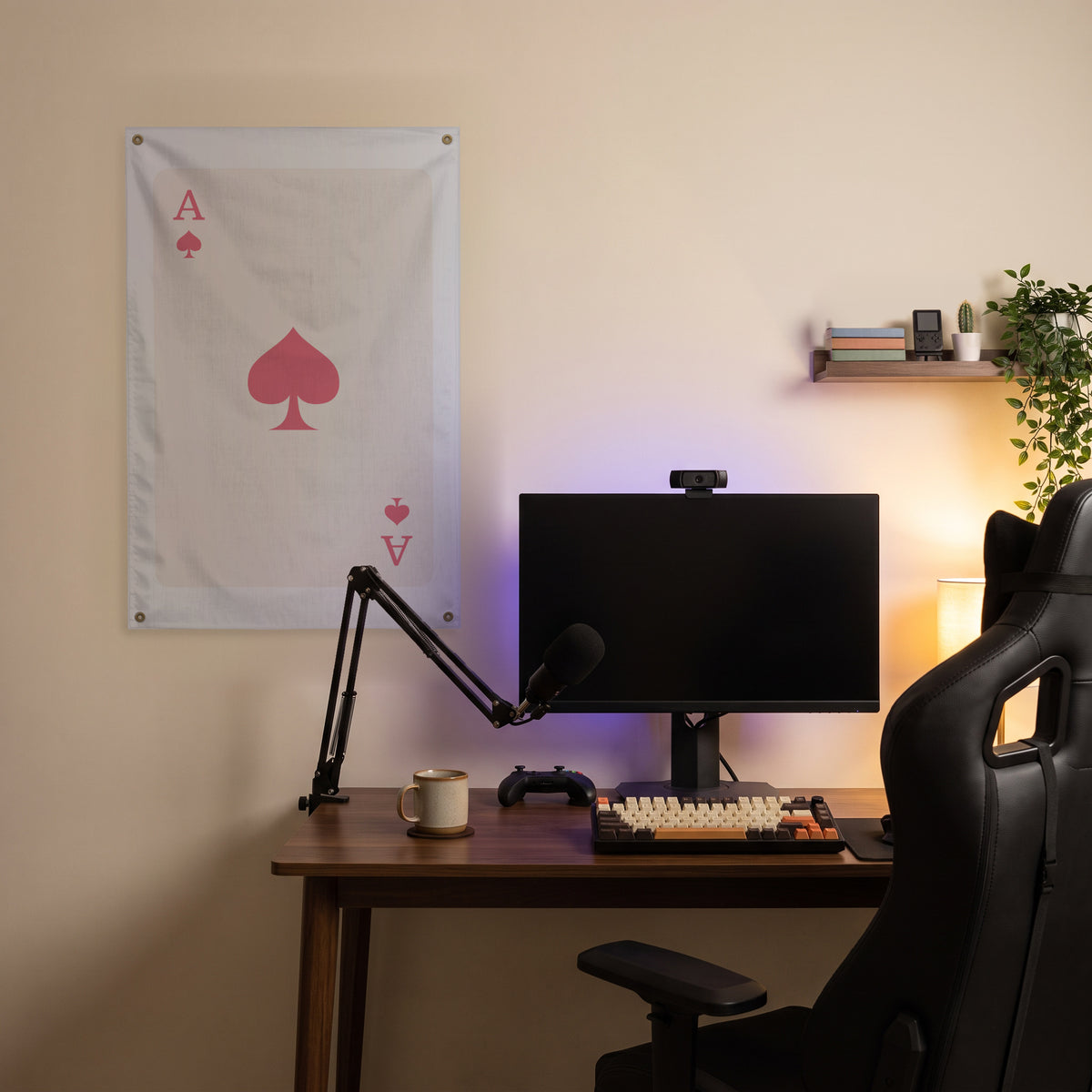 Ace of Spades - Pink on Ivory Wall Flag in the streaming nook room mockup.