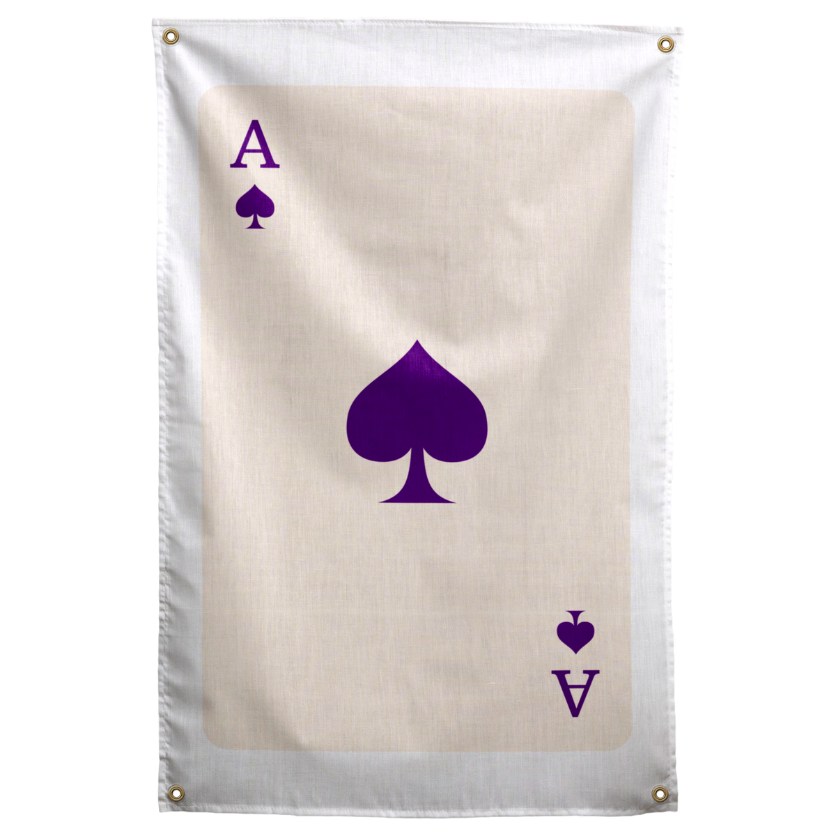 A deep purple spade and matching ace corner letters and suit symbols stand against a cream card on a Wall Rebel fabric wall flag.