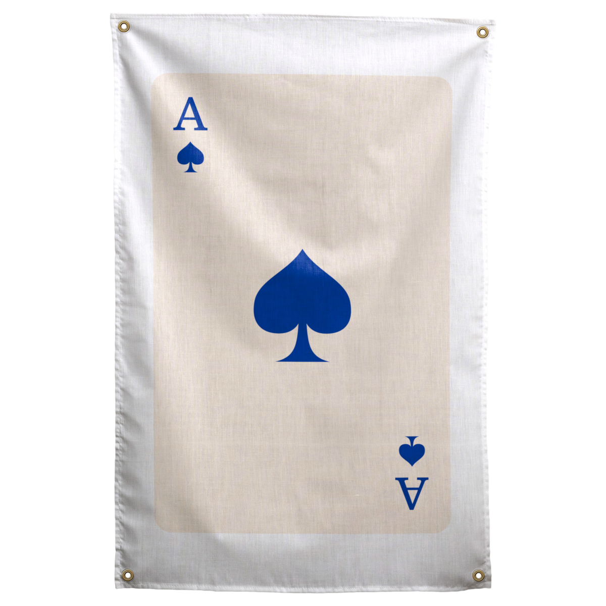 A royal blue spade and matching ace letters occupy the centre and opposite corners of a cream card on a Wall Rebel fabric wall flag.