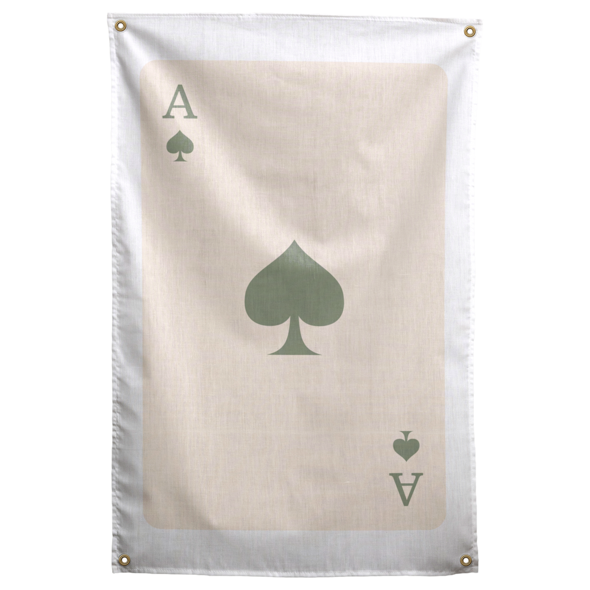 A sage green spade and small matching ace corner marks form a minimal card layout on pale cream on a Wall Rebel fabric wall flag.