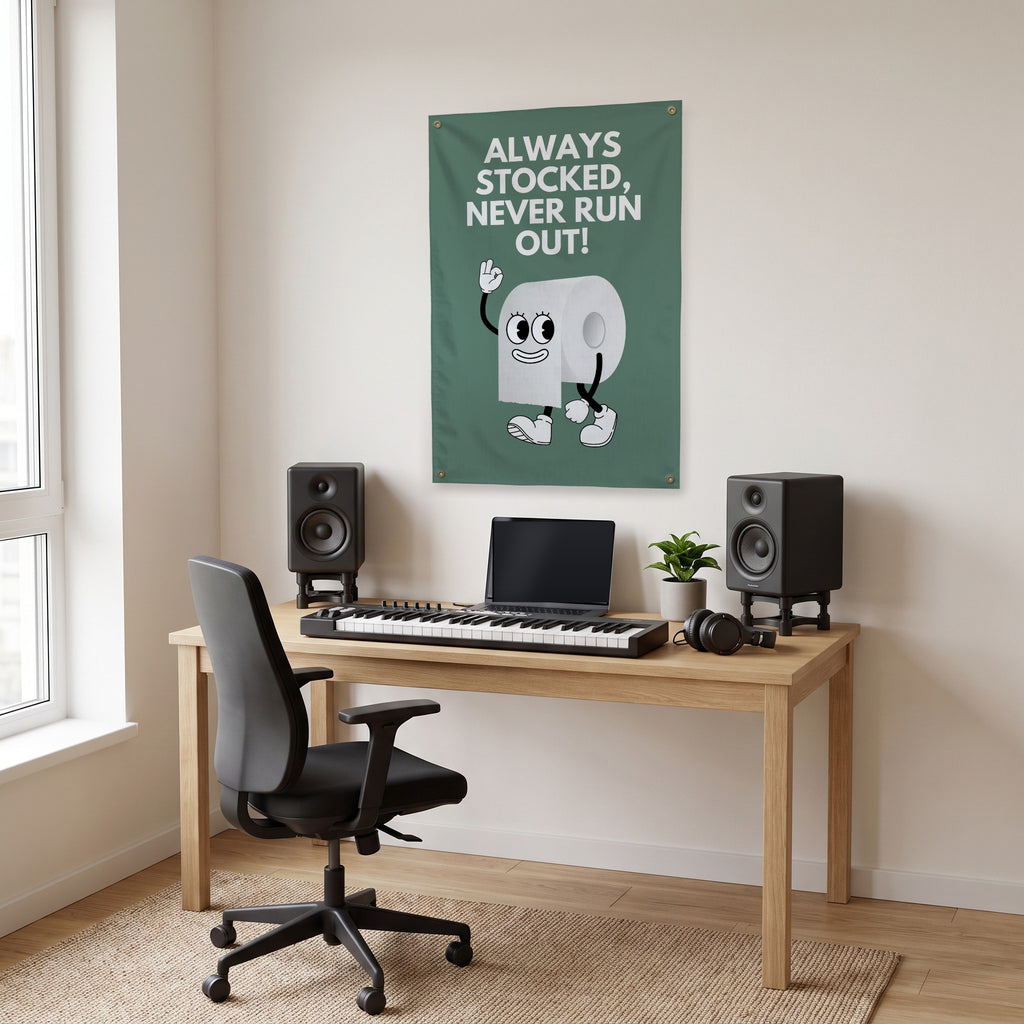 Always Stocked Toilet Roll Wall Flag in the studio room mockup.