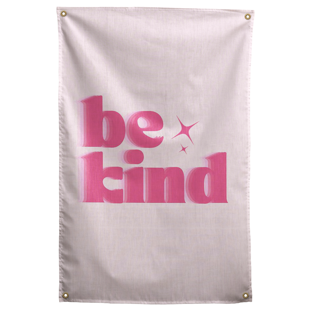 Pink Be Kind lettering and two small sparkle shapes sit on a pale pink field in this simple Wall Rebel fabric wall flag.