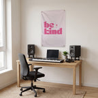 Be Kind in Pink Wall Flag in the studio room mockup.