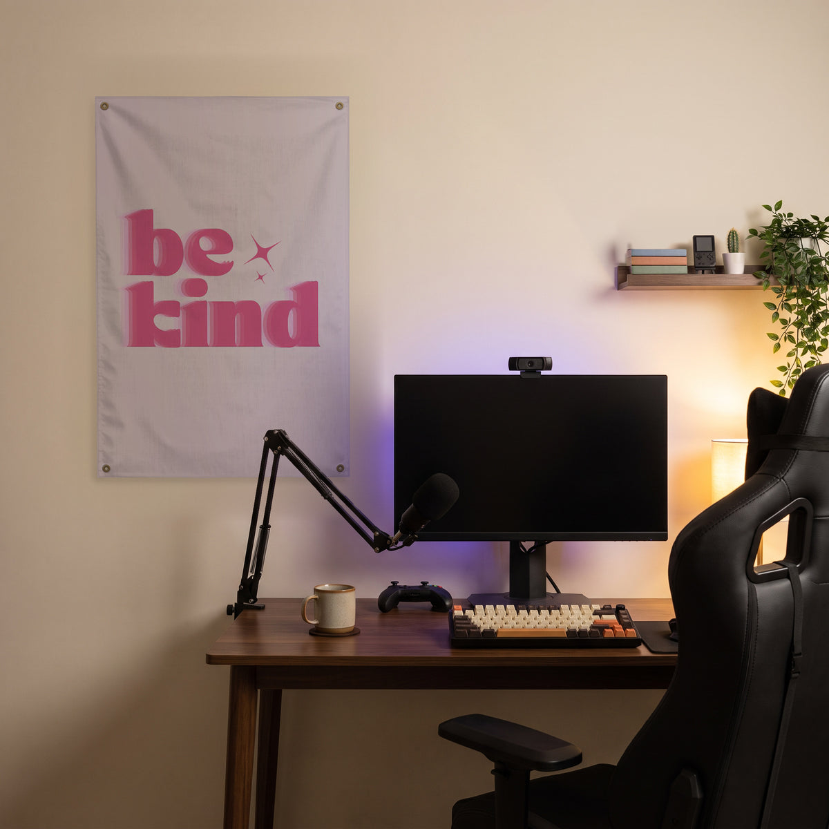 Be Kind in Pink Wall Flag in the streaming nook room mockup.