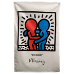 Red and blue outlined figures embrace inside a radiating black square above BEST BUDDIES lettering on a Wall Rebel fabric wall flag.