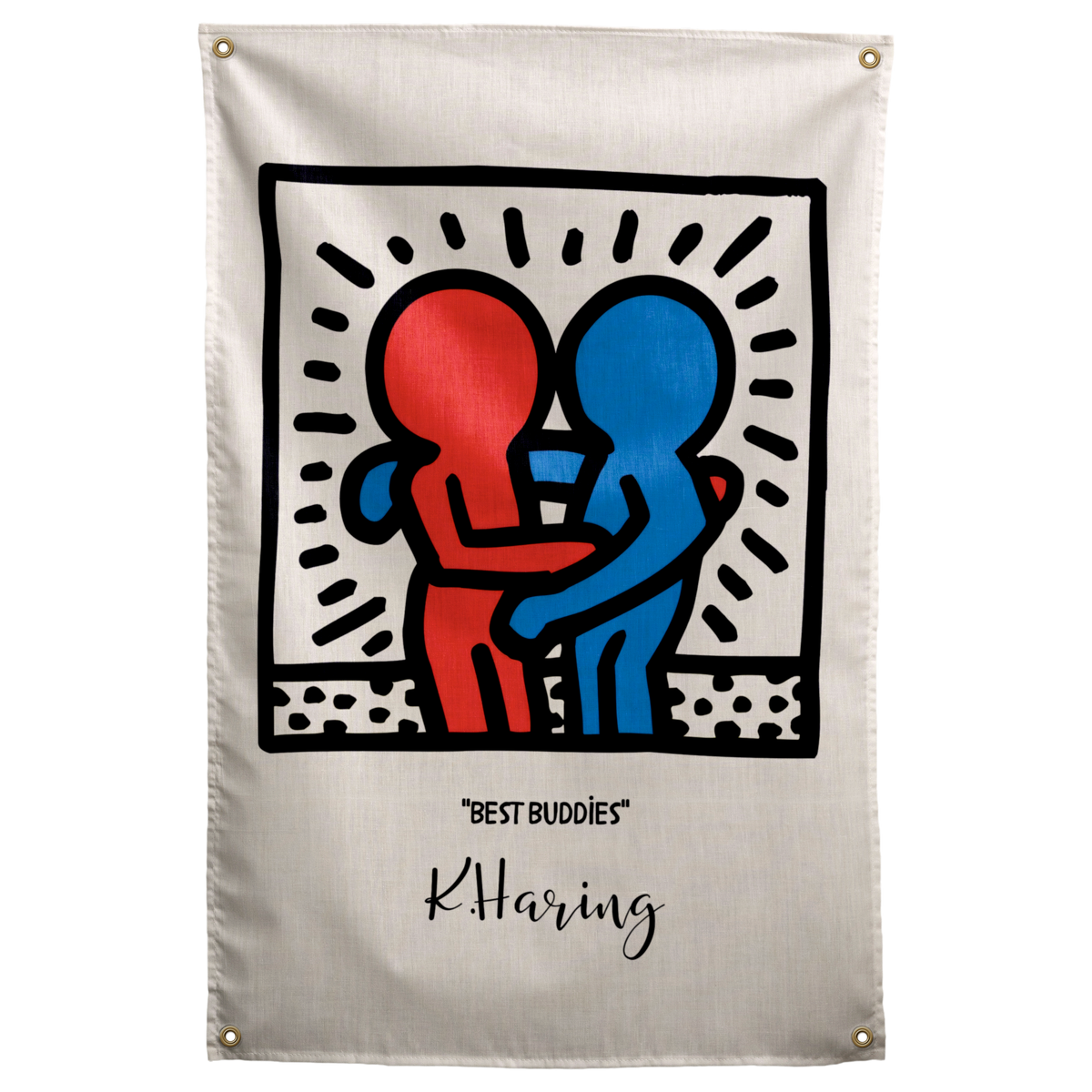 Red and blue outlined figures embrace inside a radiating black square above BEST BUDDIES lettering on a Wall Rebel fabric wall flag.