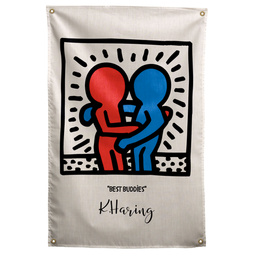 Red and blue outlined figures embrace inside a radiating black square above BEST BUDDIES lettering on a Wall Rebel fabric wall flag.