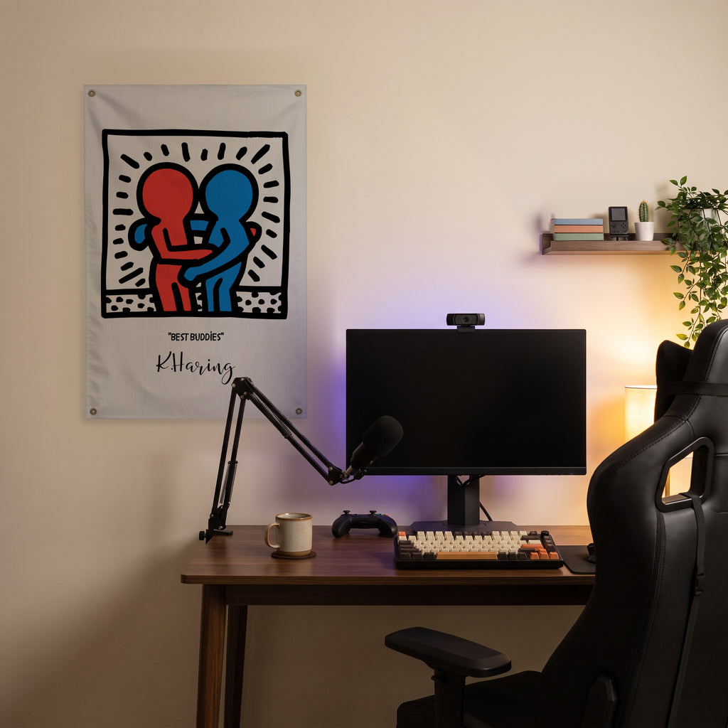 Best Buddies Embrace Wall Flag in the streaming nook room mockup.