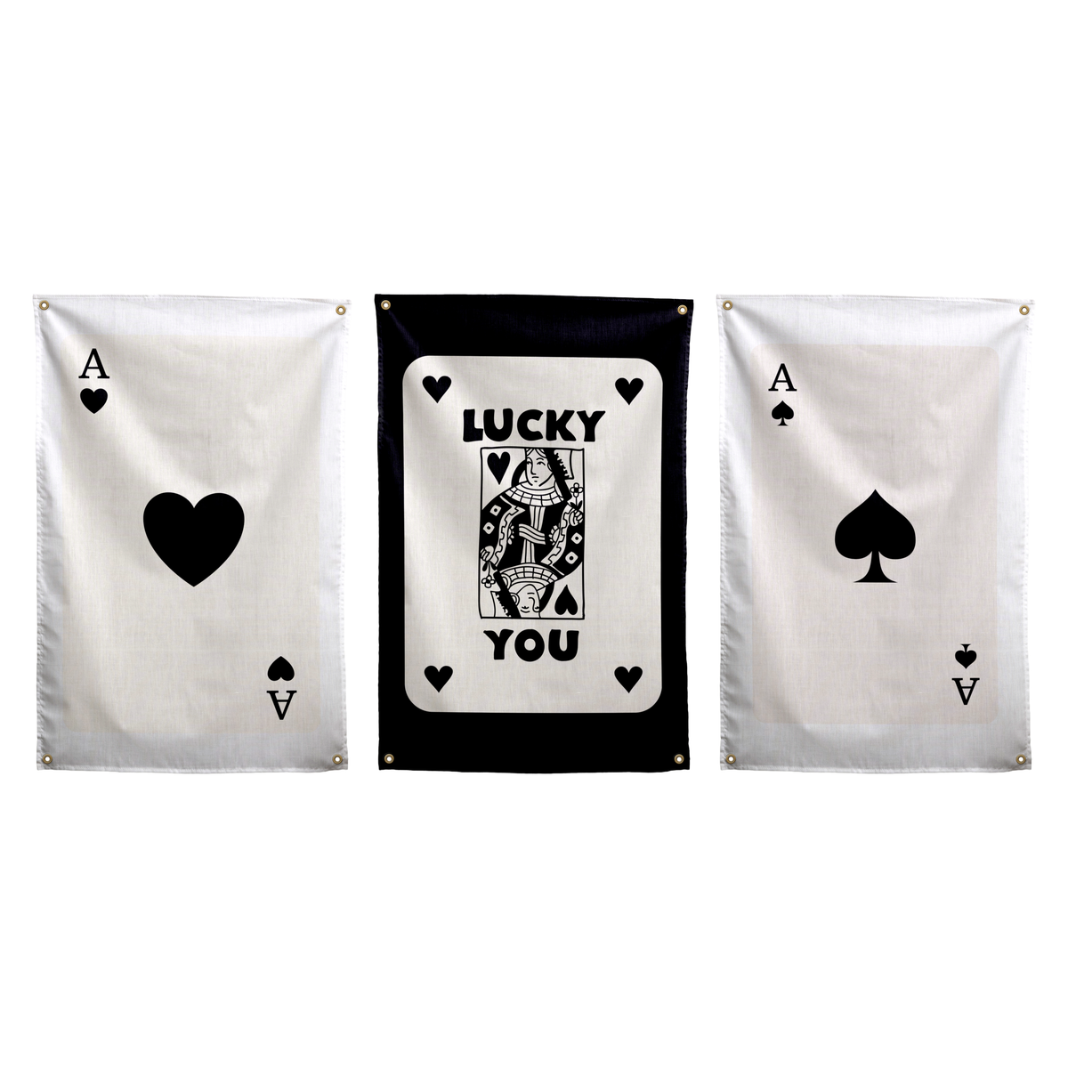 Black set of three Wall Rebel wall flags: Ace of Hearts, Lucky You in the centre, and Ace of Spades.