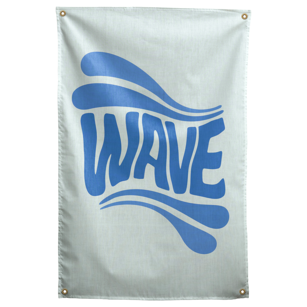 Deep blue WAVE lettering bends between flowing wave-like strokes against pale mint on this graphic Wall Rebel fabric wall flag.