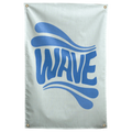 Deep blue WAVE lettering bends between flowing wave-like strokes against pale mint on this graphic Wall Rebel fabric wall flag.