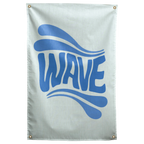 Deep blue WAVE lettering bends between flowing wave-like strokes against pale mint on this graphic Wall Rebel fabric wall flag.