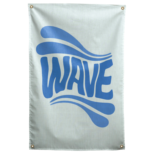 Deep blue WAVE lettering bends between flowing wave-like strokes against pale mint on this graphic Wall Rebel fabric wall flag.