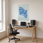 Blue Wave Lettering Wall Flag in the studio room mockup.