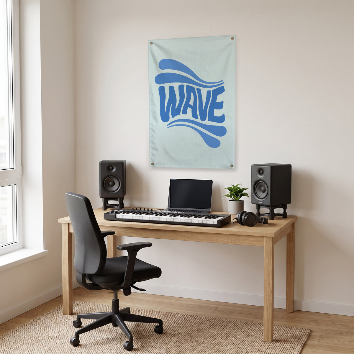 Blue Wave Lettering Wall Flag in the studio room mockup.