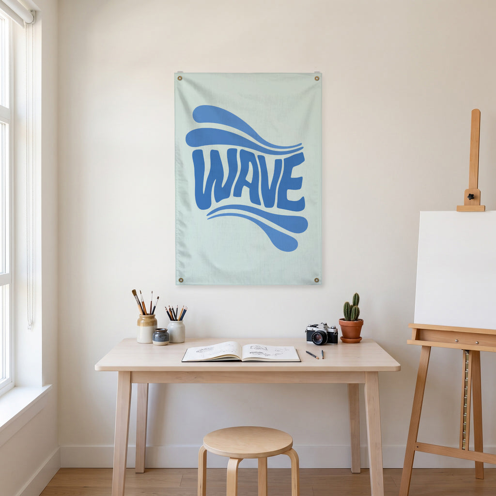 Blue Wave Lettering Wall Flag in the art corner room mockup.
