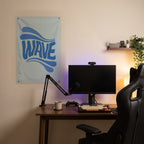 Blue Wave Lettering Wall Flag in the streaming nook room mockup.