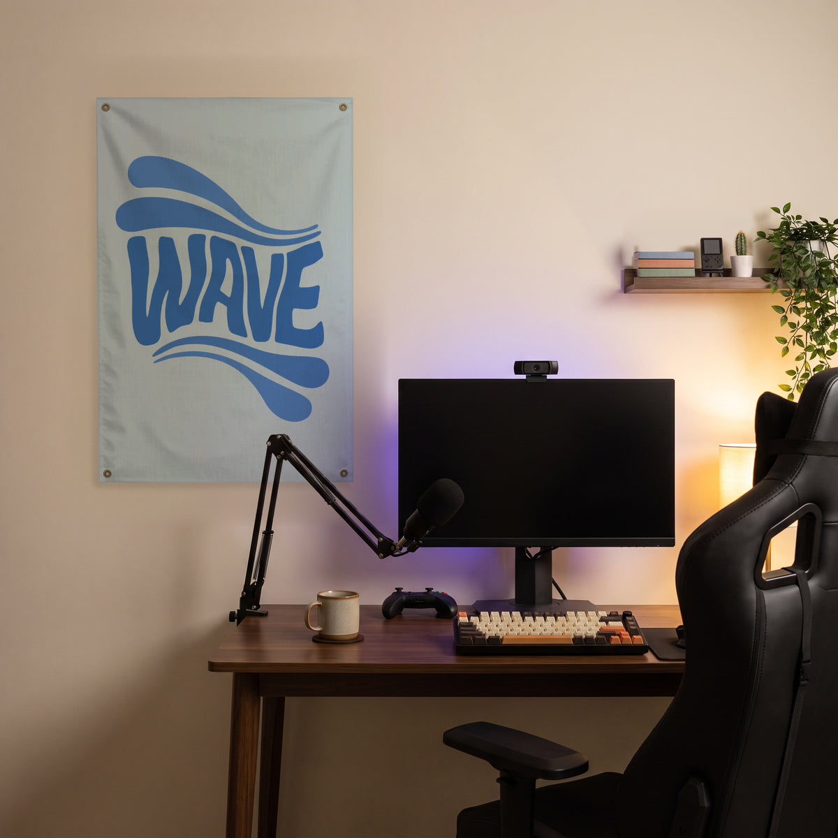Blue Wave Lettering Wall Flag in the streaming nook room mockup.