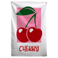 Two red cherries with green stems and a leaf sit on pink above hand-drawn CHERRY lettering on a Wall Rebel fabric wall flag.