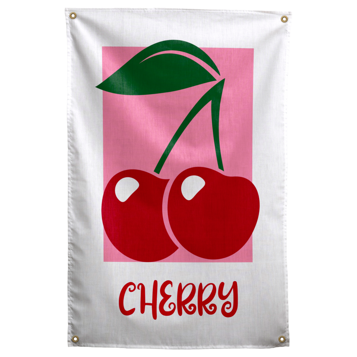 Two red cherries with green stems and a leaf sit on pink above hand-drawn CHERRY lettering on a Wall Rebel fabric wall flag.