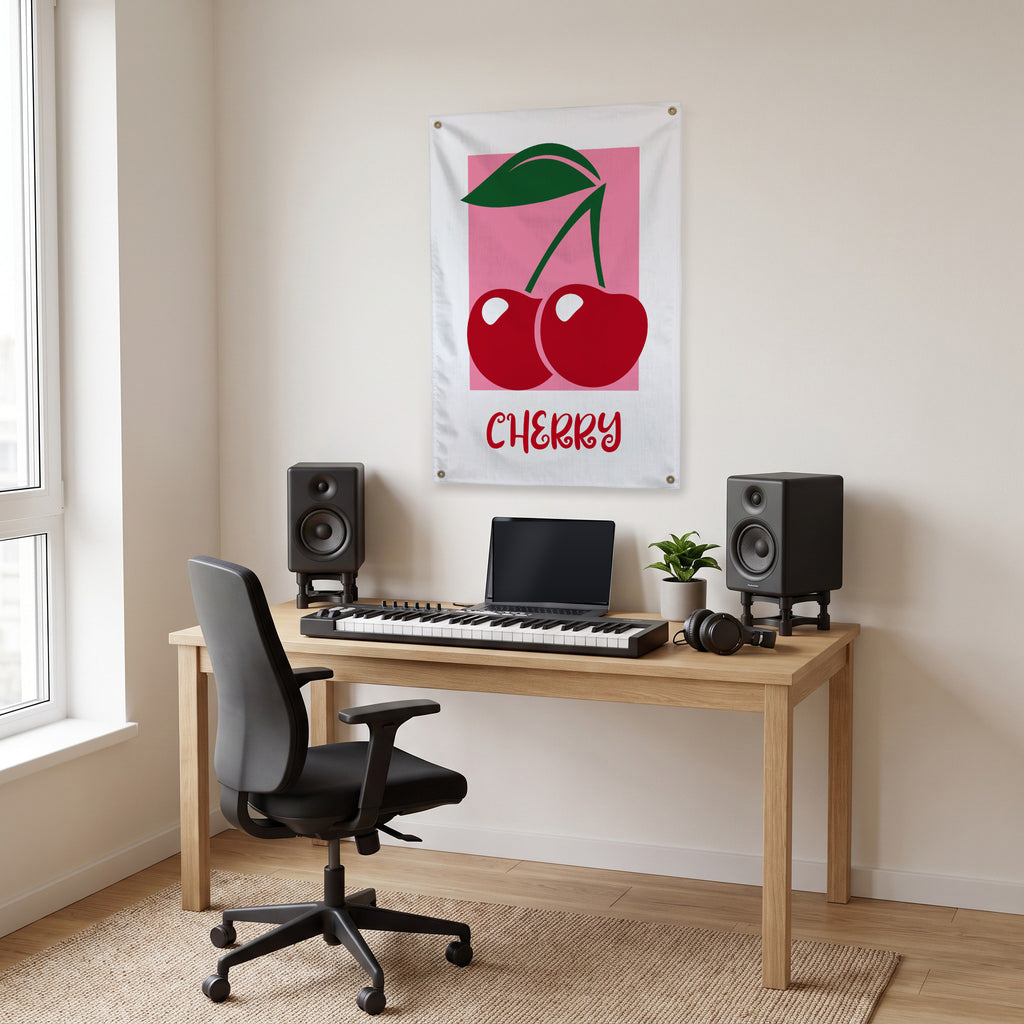 Bold Red Cherries Wall Flag in the studio room mockup.